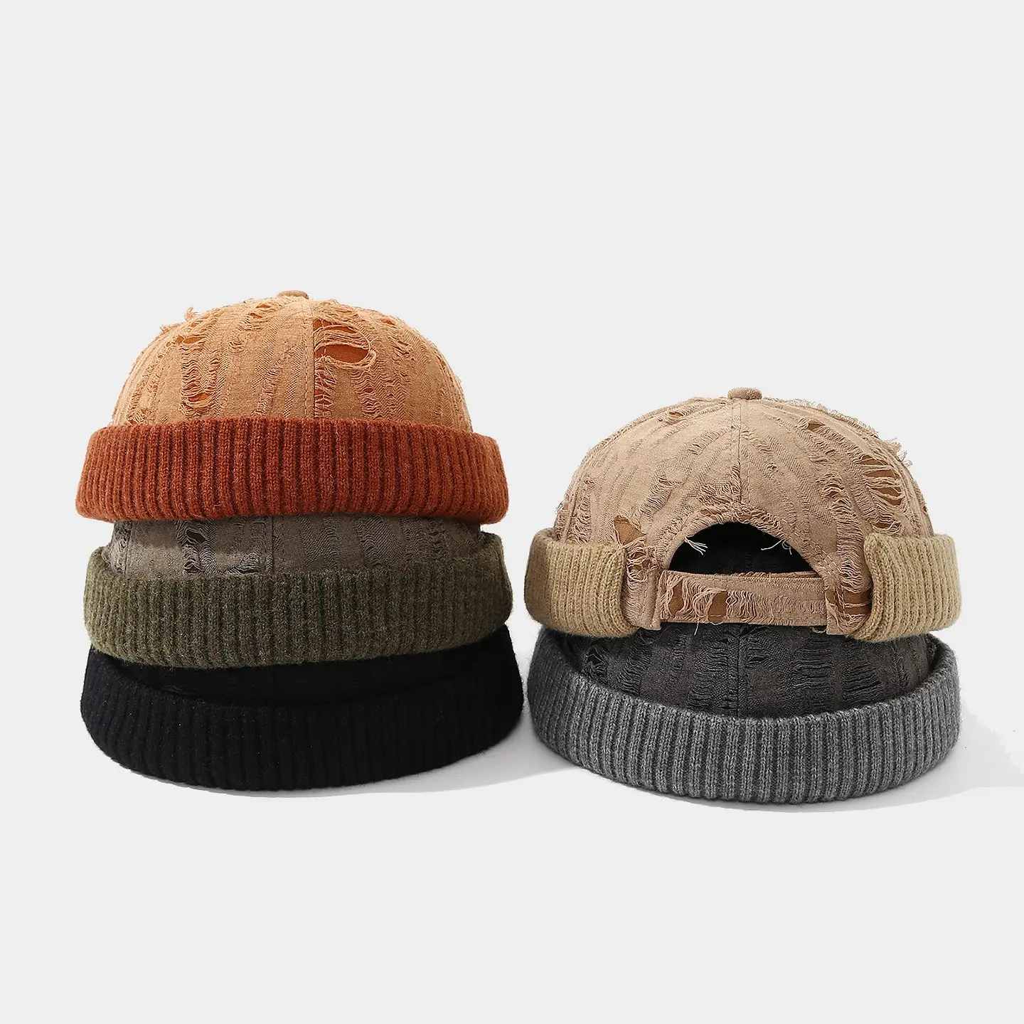 Unisex Vintage Cotton Brimless Cap - Ripped, Distressed, Rolled Cuff Docker Beanie, Retro Worker Sailor Hat
