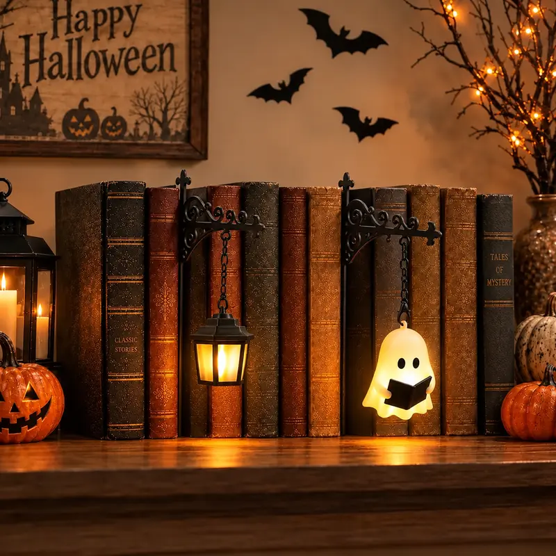 Library Lantern-Decorative Bookshelf Lighting, Miniature Hanging Shelf Lamp, Warm LED Nightlight, Reading Nook Literary Decor,Halloween decorations