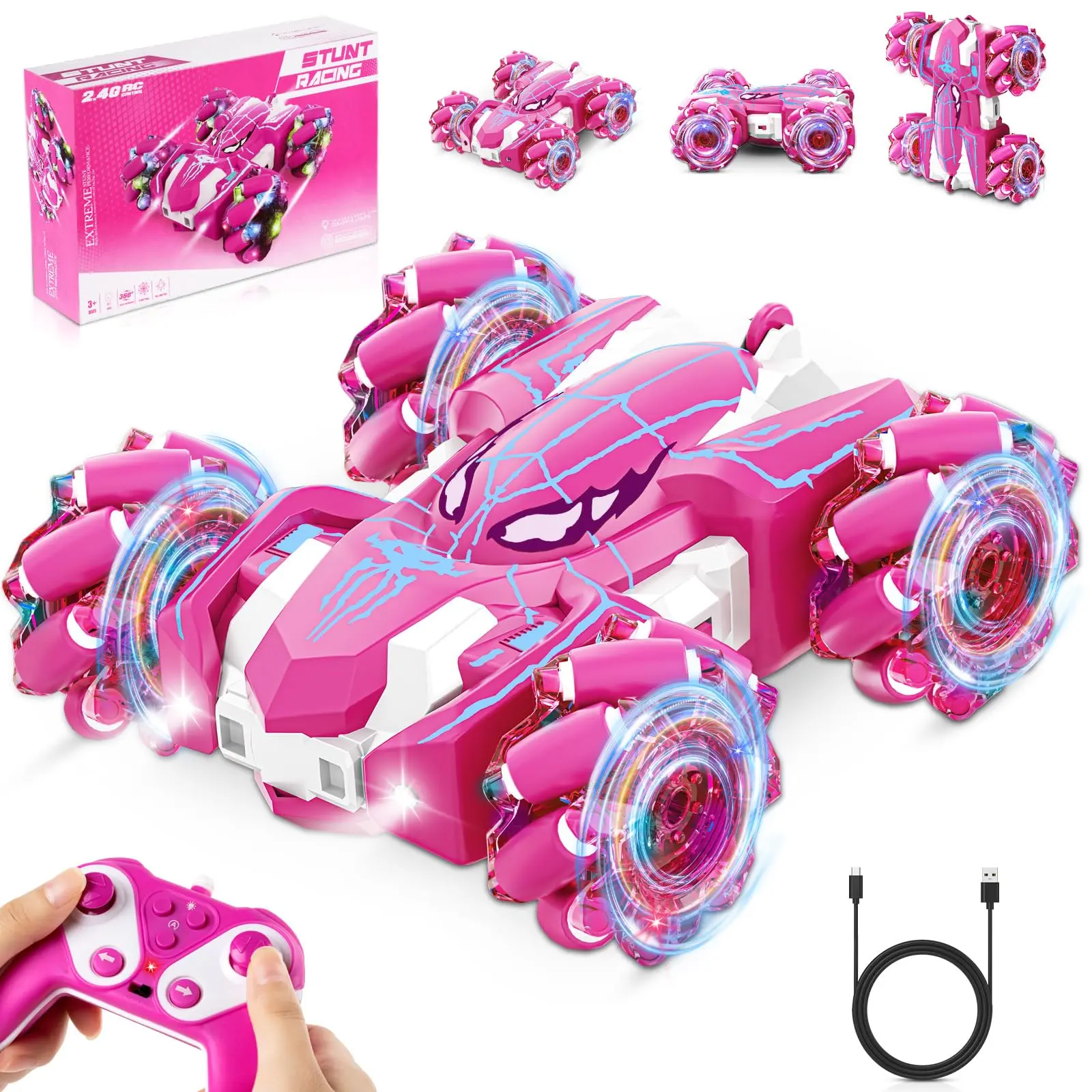 Pink Spider RC Stunt Car, 2.4GHz Remote Control Vehicle with RGB Wheel Lights, 360° Rotation & Sideways Drift, Dual Sided Driving USB Charging Toy, Birthday Gift for Kids,mater toy car kid,fun interactive toy,model collection gift,collectible model car