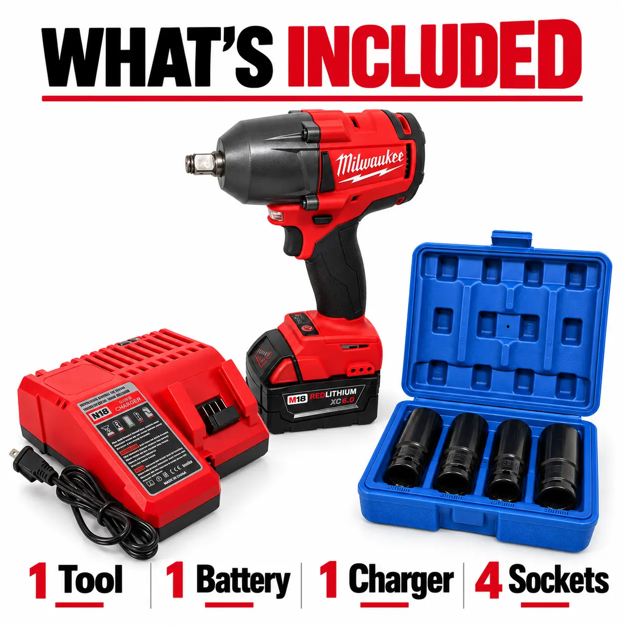 Milwaukee Impact Wrench with 4-Piece Socket Set for Machinery Maintenance and Repairs