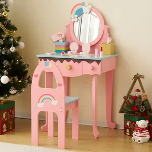 Kids Vanity Table and Chair Set with 7pcs Pretend Play Makeup Toys, Girls Vanity with Mirror & Stool, 3 Drawers & Tabletop Storage, Princess Table for Toddlers, Pink