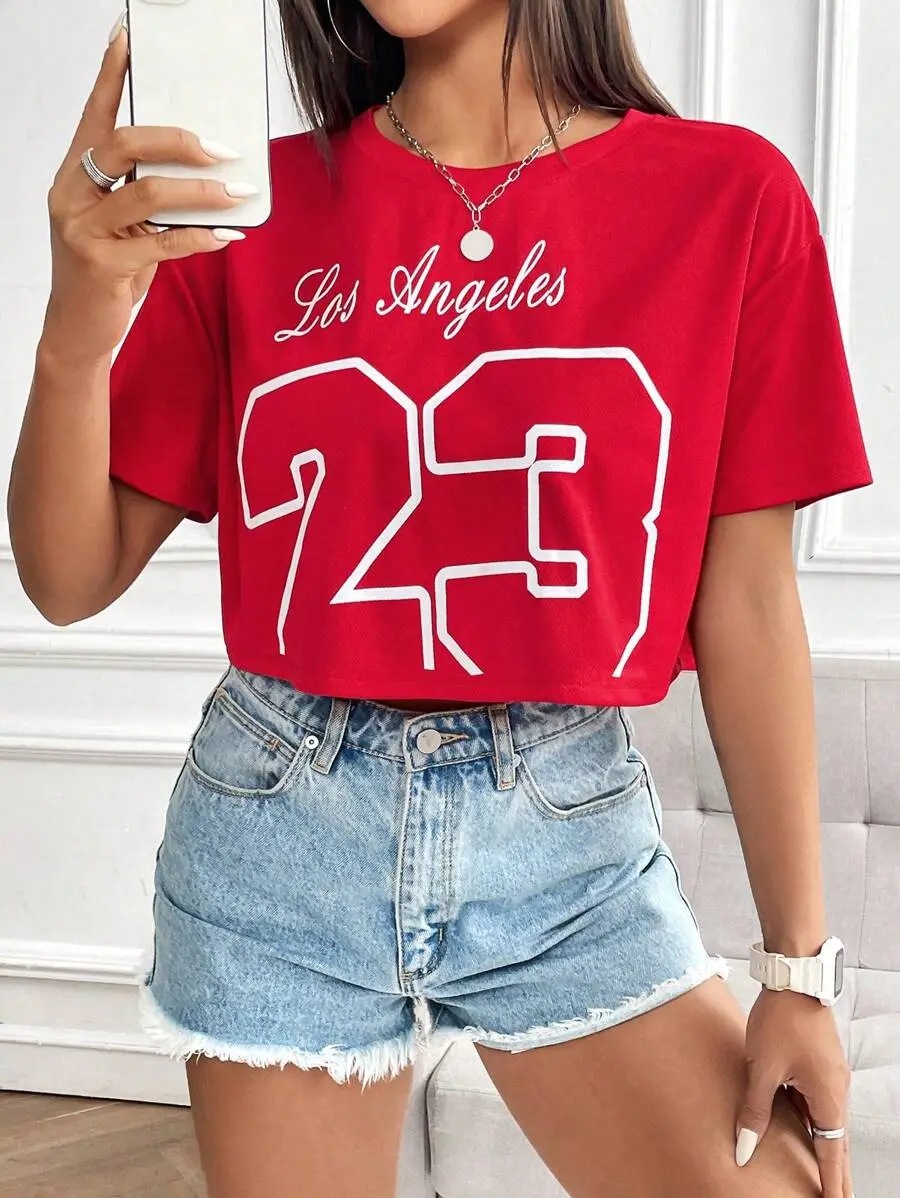 Women's Crop Top Number 23 Graphic Loose Short Sleeve Tee for Summer Los Angeles Style