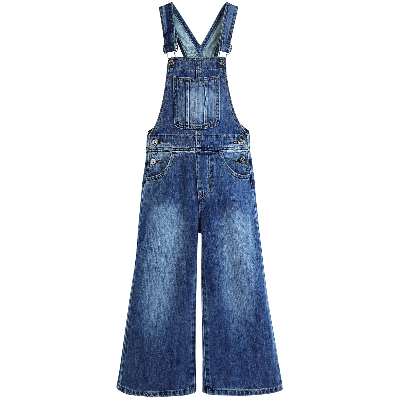 Kidscool Space Girls Wide Leg Denim Overalls Retro Baggy Jean Jumpsuit Adjustable Strap Bib Pocket Casual School Outfits for Kids 5-13Y