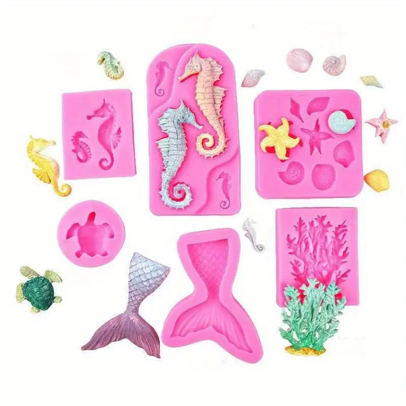 [Durable Silicone Molds] 6pcs/set Ocean Animals, Sea Creature Silicone Molds | Large Seahorse Mermaid Tail Coral Starfish, Suitable for Polymer Clay, DIY Crafts, Soap Making, Candle Creation - Easy to Use, Handmade Crafts