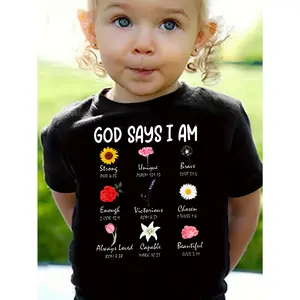 Girls T Shirts God Says I Am With Flowers And Bible Verses Print 100% Cotton Short Sleeve T-shirt Unique Graphics Durable Fabric All Seasons