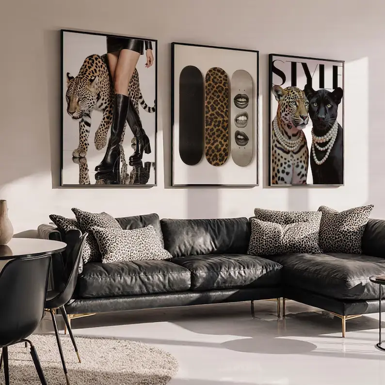 Fashion Stylish Wall Art Print - Trendy Leopard Roar Print Set of 3 - Trendy Leopard Skateboard Poster - Girly Wall Art - Digital Download
