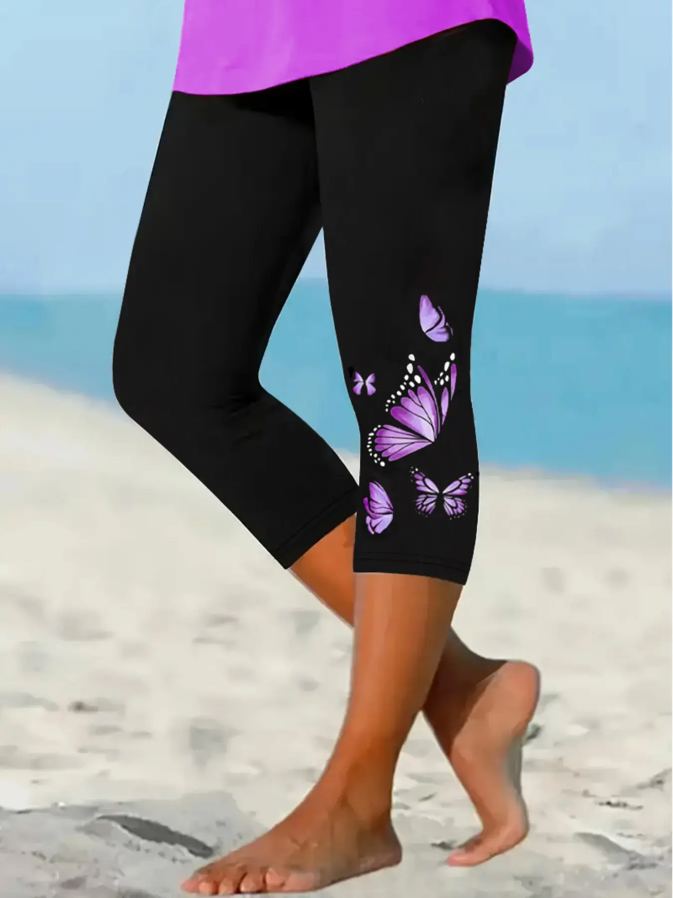 Women's Seven-Quarter Pants, Butterfly Print Tight-Fitting Bottoms, High Stretch Leggings, Casual All Season Wear, Comfortable and Stylish, Fitted