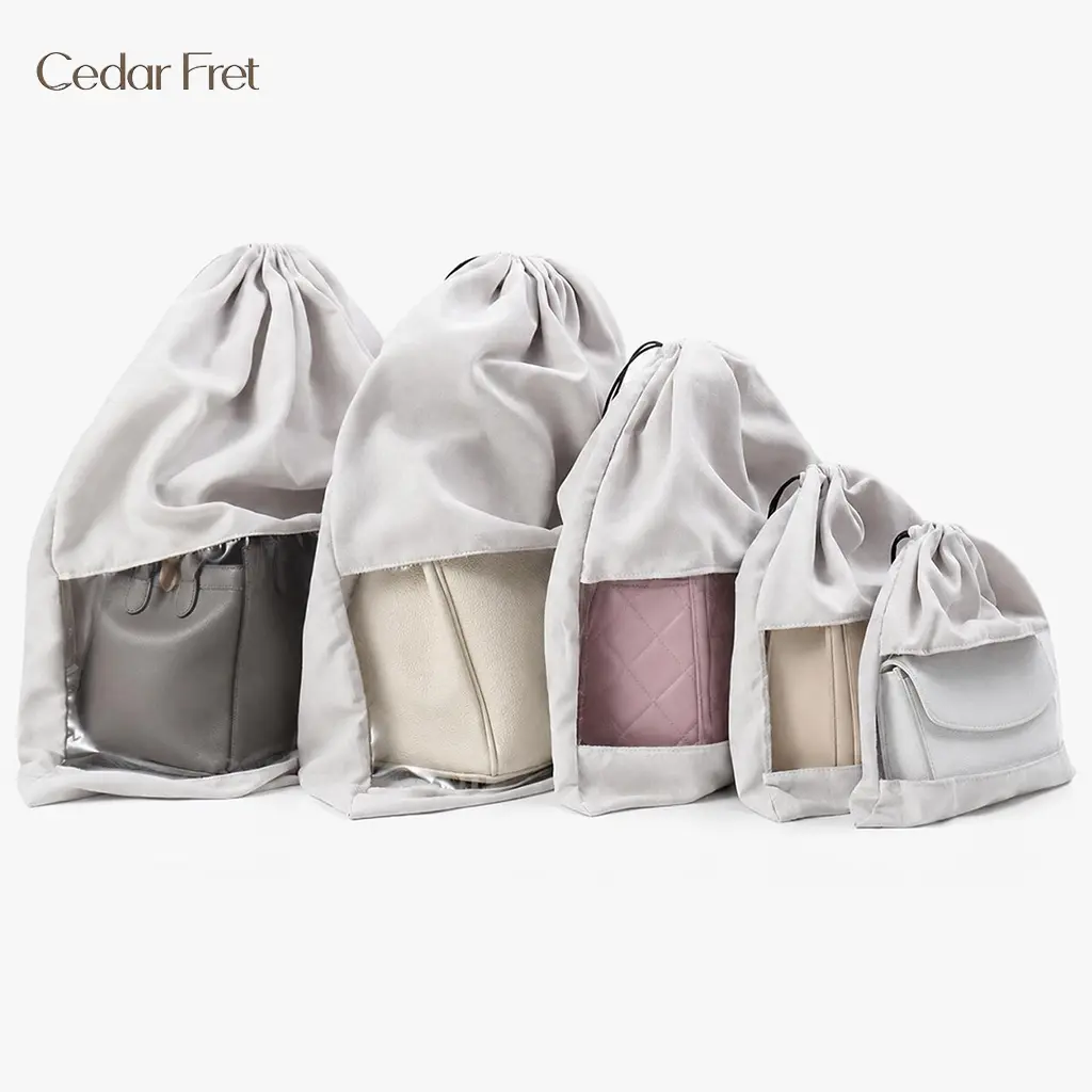 5PCS Suede Handbag Storage Dust Bags with Clear Window, Drawstring Closure Purse Organizer Pouches, Multi-Size Anti-Dust Protector Covers for Luxury Bags Closet & Travel