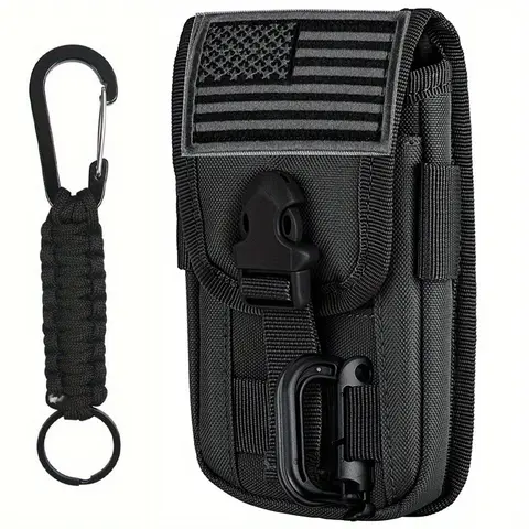 LUCIERNAGA Molle Waist Bag - Phone Holder Hip Pack for Work, 4.7"-6.7" Smartphone Belt Holster with Buckle Closure, Front Pocket, Card+Key Carry, Flag Patch & 1 D-Ring