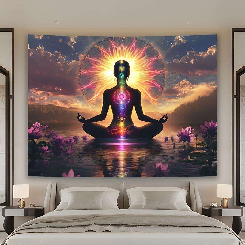 Elegant for Lotus Meditation Tapestry with Woman Silhouette - Vibrant Chakra & Mindfulness Decor, Polyester, No Power Needed - Perfect for Living Room, Bedroom, Office, Party - Unique Gift Idea, Zen Home Decor