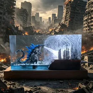 Monster Godzilla Resin Lamp Handmade Resin Wood Multi-Color Night Light 3D Diorama Scene Desk Ornaments Atomic Breath Destroy City Creativity Decoration Table Lamp, Bedroom Cafe Office Decor, Exquisite Birthday Gifts for Him and Her