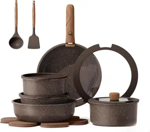 17PCS Pots and Pans Set Non Stick with Detachable Handle, Nonstick Cookware Sets, Cooking Kitchen Set, Oven/Dishwasher Safe, Induction Cookware, Brown, RV Kitchen Pot and Pan