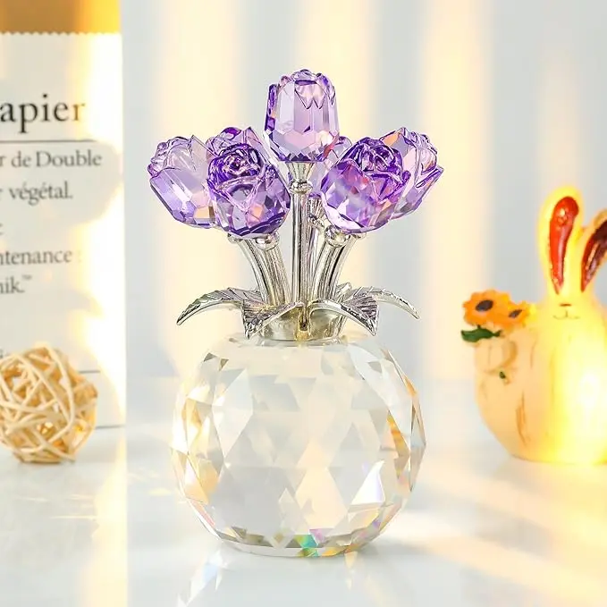 Handcrafted Rainbow Crystal Flower Figurine with Vase - Faceted Base, Sparkling Light Home Decor, Tabletop Display for Study, Daily Use, Romantic Gift for Women, Casual, Colorful