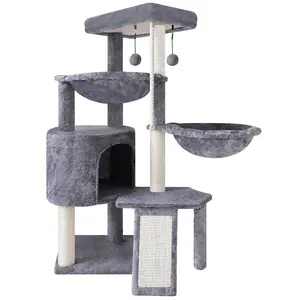 TWDEPART Three Layer Cat Tree with Cat Condo and Two Hammocks,Grey