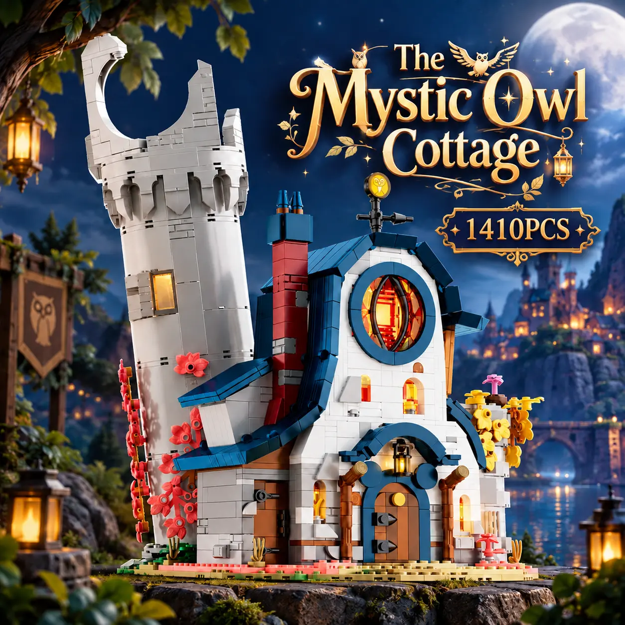 The Mystic Owl Cottage 1410PCS Building Brick Set - Premium Fantasy Wizard House Architecture Model with Iconic Tower, Collectible Display Building Kit for Adults & Teens Brick Lovers, Unique Home Shelf Decor Gift Idea