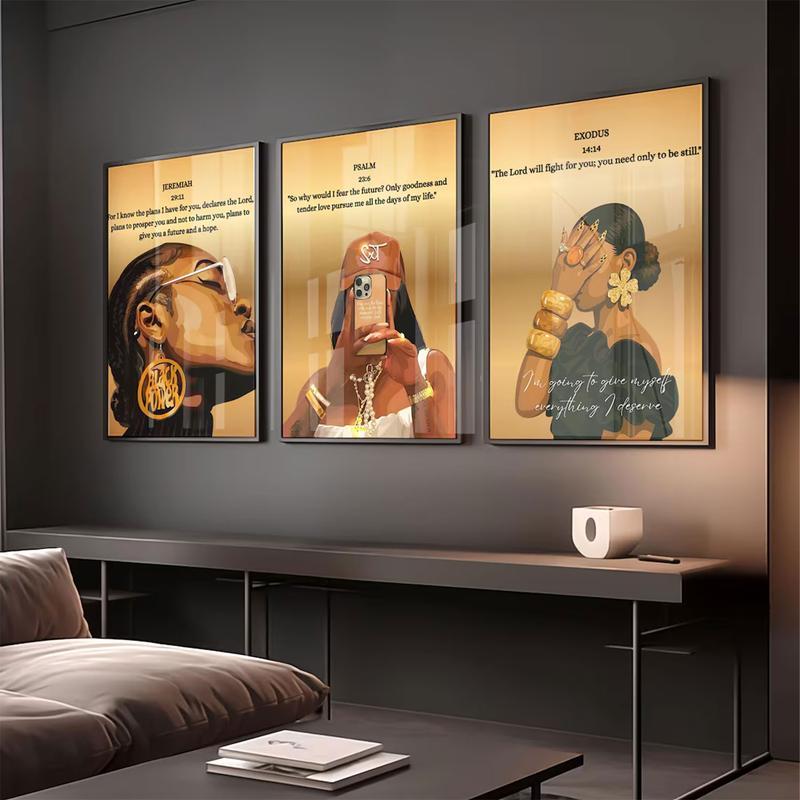 A set of three black Christian girl wall hangings, scripture prints, Bible verse wall hangings, girl's room decorations, Christian wall hangings, canvas-covered frames.