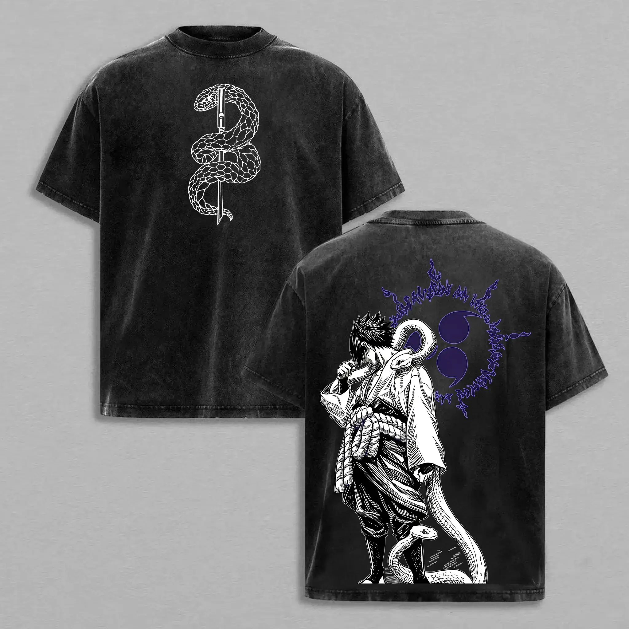 Men's Short-Sleeve Sasuke Uchiha Vintage Washed Oversized Tee, Menswear Tops, Naruto Shippuden Anime Streetwear, Uchiha Clan Ninja Graphic, Unisex Heavyweight Cotton, Dark Aesthetic Double-Sided Print, Anime Fan Gift