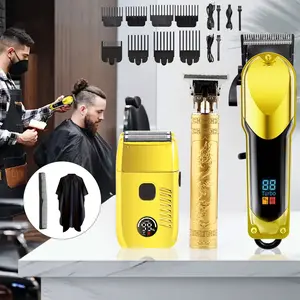 2 Piece Professional Men's Electric Hair Clipper and Trimmer Set USB Charging with LCD Display Contains Comb Brush Haircut Cape Ideal Gift for Men