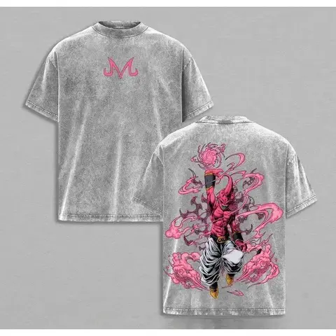 Men's Majin Buu Vintage Washed Graphic T-Shirt - Casual Oversized Fit Heavy Cotton Round Neck, Kid Buu Print Anime Merchandise Fan Gift