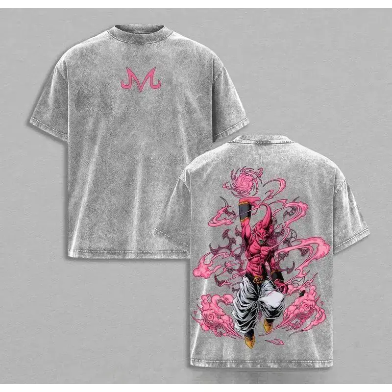 Majin Buu Vintage Washed Anime T-Shirt | Kid Buu Pink Energy Graphic Tee | Oversized Streetwear Retro Shirt | Heavy Cotton Gift for DBZ & Anime Fans