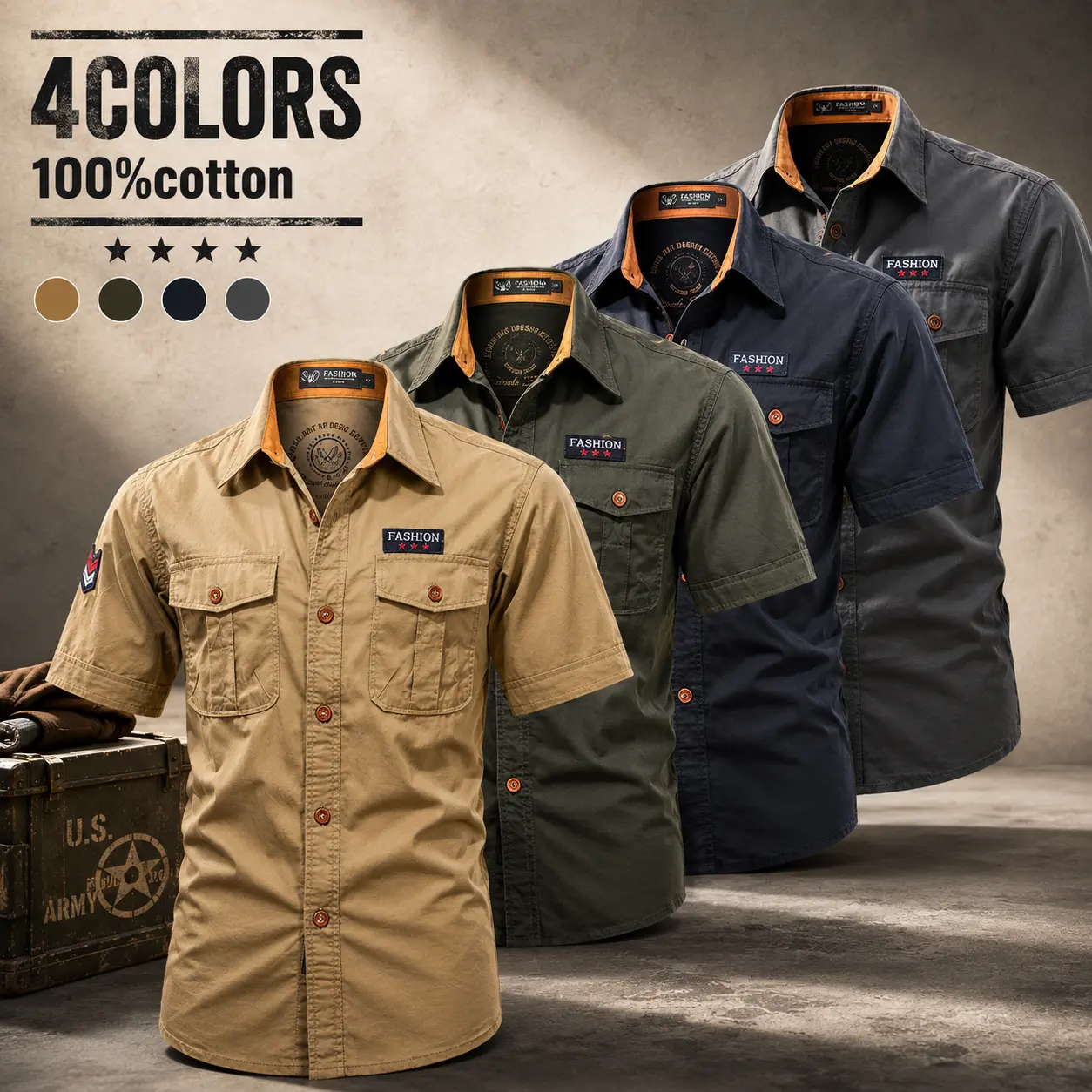 Men’s short-sleeve button-down shirt jacket, 100% cotton, with flap pockets; work shirt; suitable for outdoor use