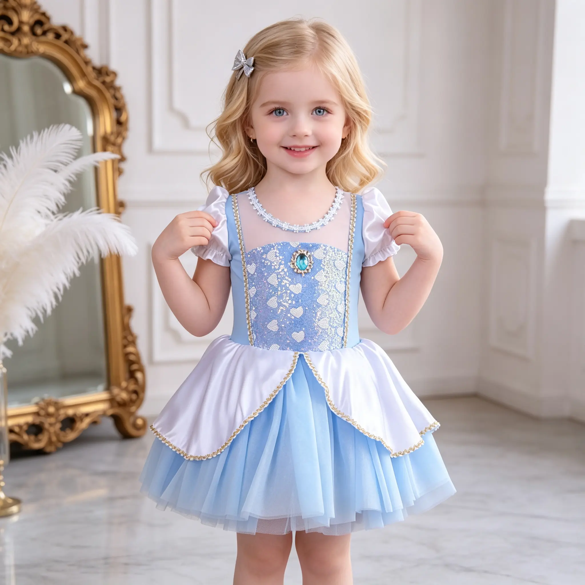 Girls Princess Ballet Tutu for Recitals, Birthdays & Wedding Manor Photos | Light Blue Heart Sequin Puff Sleeve Gem Trim Fluffy Tulle Costume