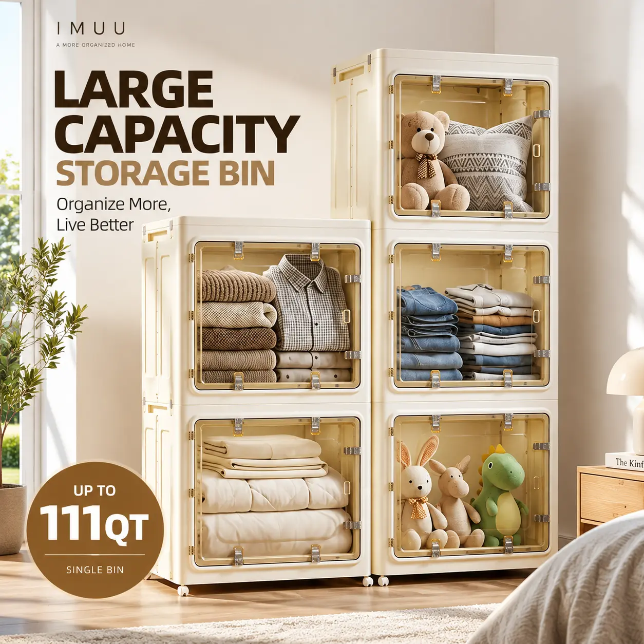 IMUU Extra Large 110QT Storage Bins with Wheels, Stackable Clear Front Door Organizer Box, Foldable Heavy Duty Plastic Storage Container for Clothes, Toys, Blankets, Garage and Home Organization