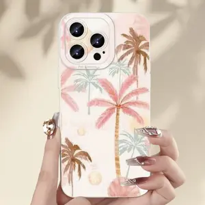 Phone Case - The Palm Trees, Varying in Shape And Color with Shades of Pink, Brown, And Light Green, Paired with Hazy Circular Light Spots, Resemble a Tropical Beach Bathed in Sunlight, Exuding a Relaxed And Healing Vacation Vibe