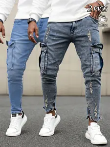 Men's slim-fitting stretch Denim jeans two-piece set, featuring a ripped and tight design, distressed and torn edges, a straight and fashionable style, a comfortable and flexible waistband, perfect for casual wear, Streetwear