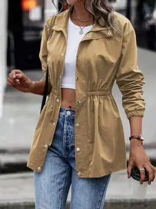 Elastic Waist Zipper Button Front Long Sleeve Jacket, Coats, Casual Streetwear Outerwear for Fall & Winter, Fitted Plain Design