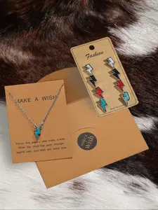 Lightning Design Pendant Necklace & Stud Earrings, Imitation Turquoise Jewelry Set with Greeting Card, Trendy All-match & Exquisite Jewelry for Birthday Gift