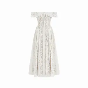 Cider Lace Off-Shoulder Knotted Flared Maxi Dress