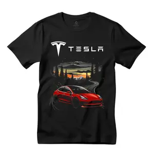 Black Threadz Men's Short-Sleeve Round Neck Casual Menswear Top - Sustainable Serenity Tesla Model 3 Countryside Themed T-Shirt