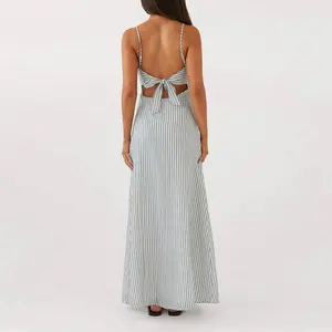 Women’s summer long dress with sleeveless thin shoulder straps, front tie loose dress, and back cutout GARMENTARY