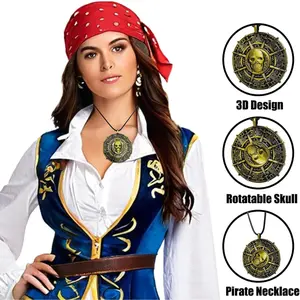 Halloween Pirate Necklace, Pirate Costume Accessories, Jewelry, Rotatable Skull Necklace for Men, Women, Adults 1.85 in, Medallion Coin(Bronze Colour)