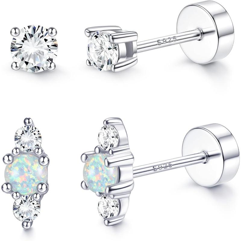 MILACOLATO 2 Pairs 925 Sterling Silver Flat Back Earrings for Women Dainty CZ Flatback Cartilage Earring Small Helix Tragus Multiple Piercing Jewelry