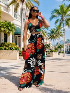 Women's Tropical Print Two-Piece Set, Halter Top & Wide Leg Pants, Sexy Beach Vacation Style, Chic Casual Slim Fit, European and American Fashion