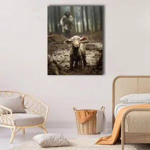 Jesus and Lamb Canvas Wall Art Inspiring Design of Jesus Running After a Lost Lamb Christian Home Decor Artistic Photo Ornaments for Living Room