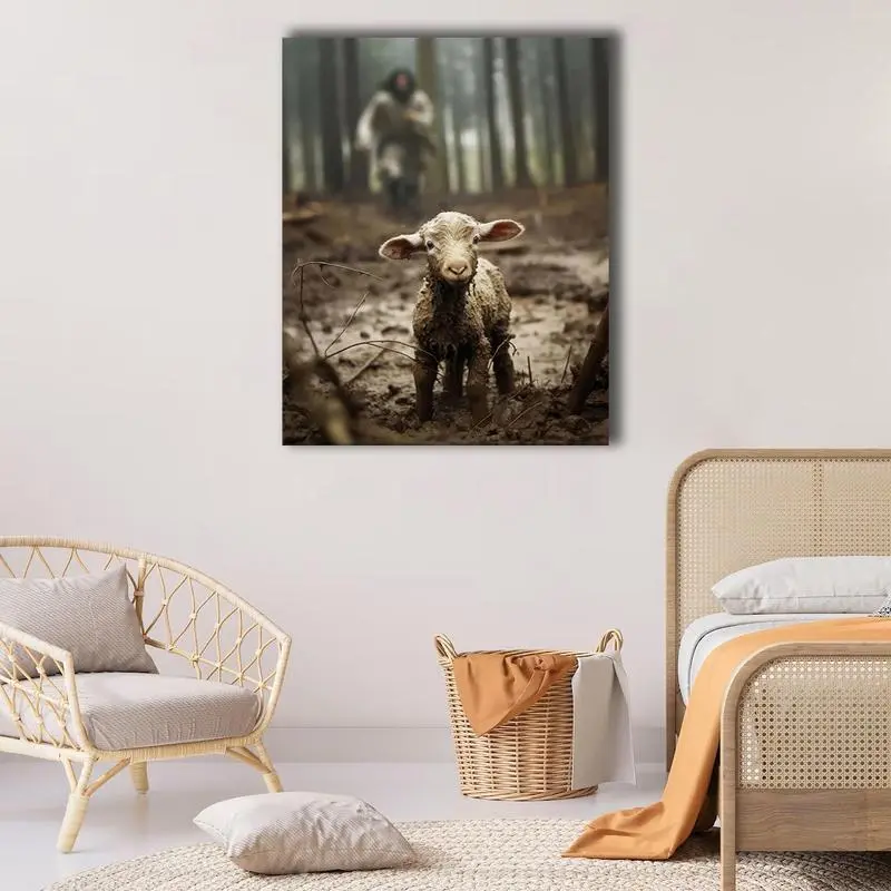 Jesus and Lamb Canvas Wall Art Print - Inspiring Faith Motif Artwork, Christ Graphic Prints Christian Home Decor for Living Room, Faith Motif Prints