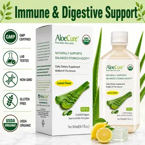 AloeCure USDA Organic Aloe Vera Juice Lemon Flavor 500ml - 98% Pure Inner Leaf Gel - Natural Digestive Support & Immune System Booster - Freshly Made within 12 Hours - Beverage