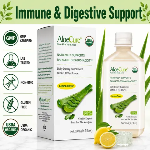 AloeCure USDA Certified Organic Liquid Aloe Vera Juice - Lemon Flavor, 500ml, 98% Pure Inner Leaf Gel, Gluten-Free, Dairy-Free, Low-Temp Process, Digestive Aid for Adults, Balanced Stomach Acidity, 12-Hour Fresh Supplement