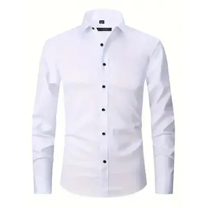 2026new Men's Slim Fit Business Casual Button- Shirt - Long Sleeve, Solid White, Anti-Wrinkle, Square Collar, Lightweight Polyester Blend for Office & Commuting, Allseason Clothing |   Modern Business Shirt |   Easycare Clothing