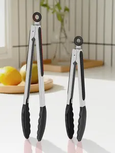 9/12 Inch Kitchen Tongs with Silicone Tips – 2 Pack Locking Stainless Steel Cooking Tongs for BBQ and Daily Kitchen Use, Black