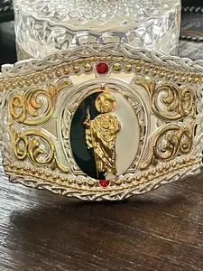 San Judas Tadeo Gold, Silver & Green Belt Buckle