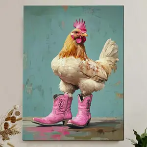 A Wooden Frame Painting A Chicken Wearing Pink Cowboy Boots Suitable As Decorative Art for Living Room Bedroom And Bathroom.