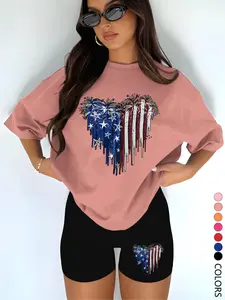 Two-Piece Set Women's Heart & Flag Print Short Sleeve Tee & Skinny Shorts, Casual Round Neck T-shirt & Shorts for Daily Wear, Ladies Summer Clothes, Suits