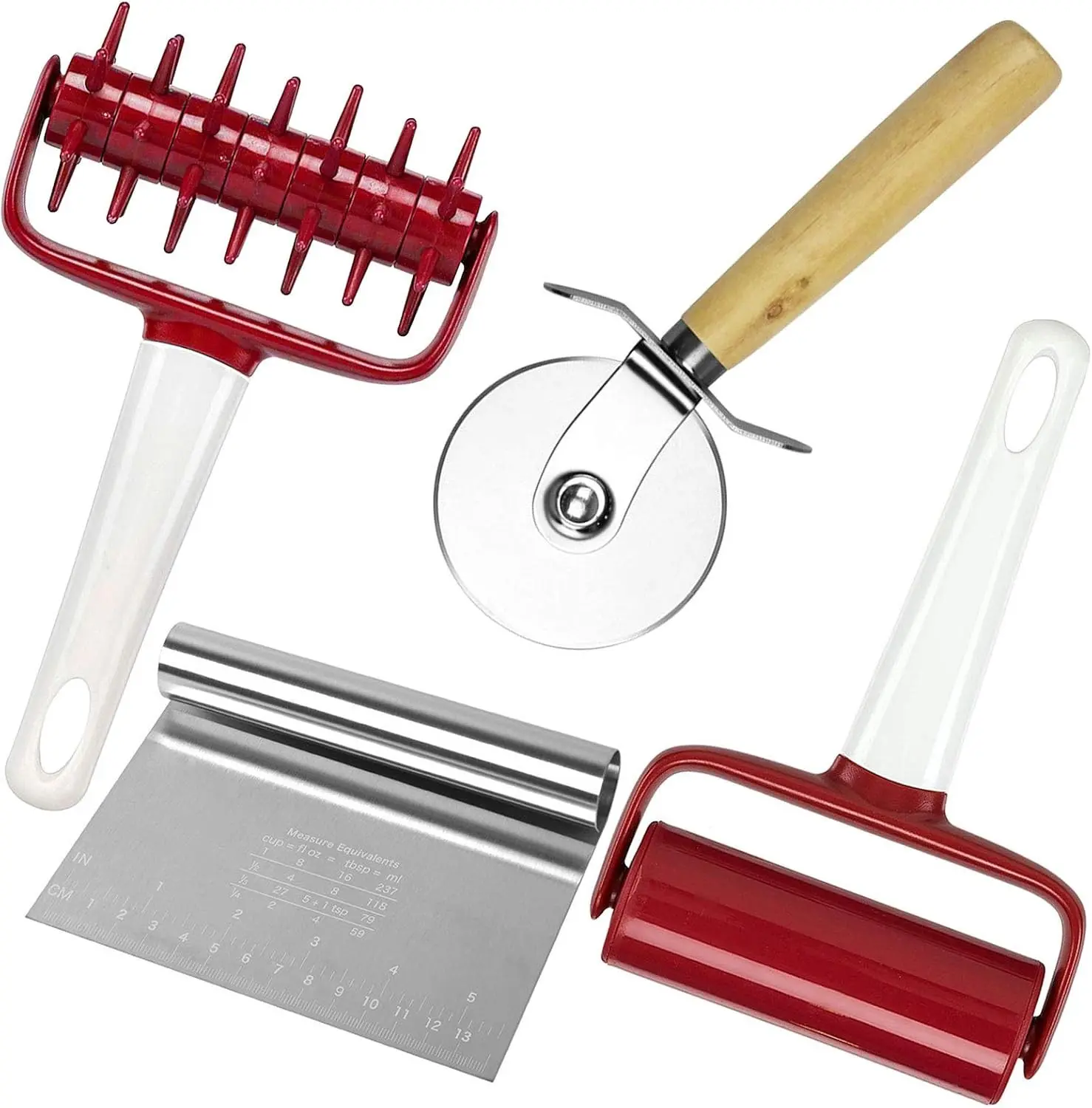 4 pcs Pizza Tools Set incl Dough Cutter Roller Docker and Pizza Cutter Wheel, Pastry Pizza Pie Roller Rolling Pins and Time-Saver Pizza Dough Docker (4 pcs)