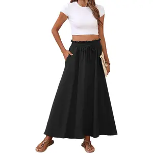 Womens Maxi Skirt Summer Tie Knot Elastic High Waisted Boho Casual Beach Flowy Swing Long Skirts with Pockets