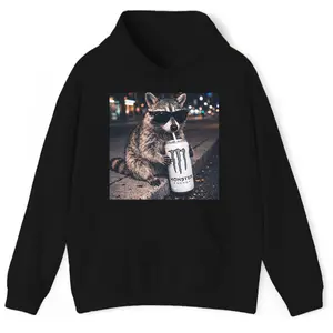 Cool Raccoon Monster Energy Drink Graphic Hoodie, Fun Animal Lover Hoodie, Vintage Raccoons Hoodie, Funny Meme Genz Dank Raccoons Shirt