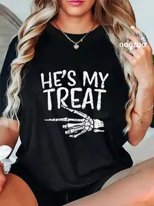 100% Cotton Hes My Treat Skeleton Matching Couple Halloween Costume Hers T-Shirt